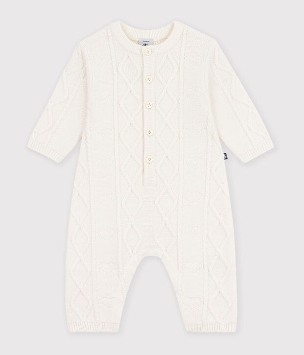 Combinaison b&eacute;b&eacute; en tricot laine et coton uni blanc