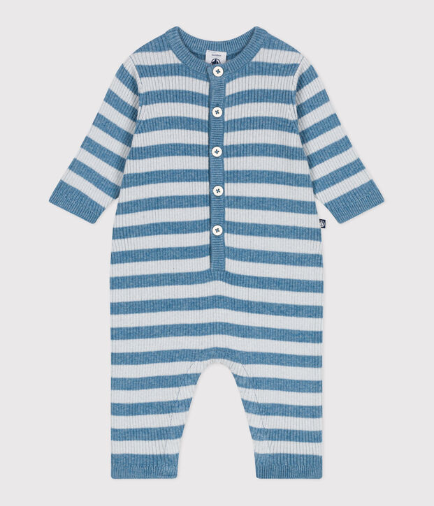 Combinaison b&eacute;b&eacute; ray&eacute;e en tricot laine et coton bleu/bleu