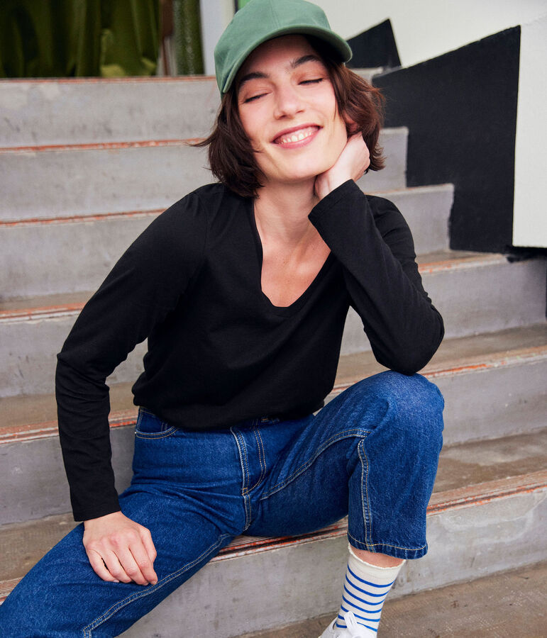 Tee-shirt LE DROIT col V en coton Femme noir