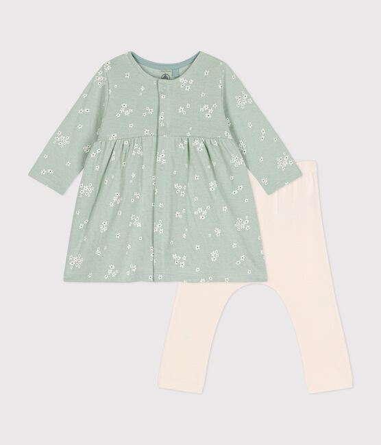 Robe et legging en coton bébé vert HERBIER/blanc MULTICO