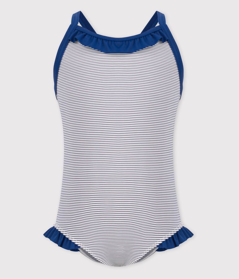 Maillot de bain 1 pi&egrave;ce iconique enfant fille bleu MEDIEVAL/blanc MARSHMALLOW