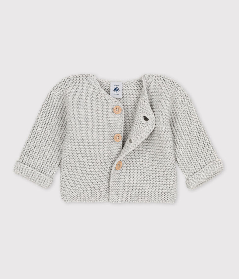 Cardigan b&eacute;b&eacute; tricot point mousse en coton gris BELUGA CHINE