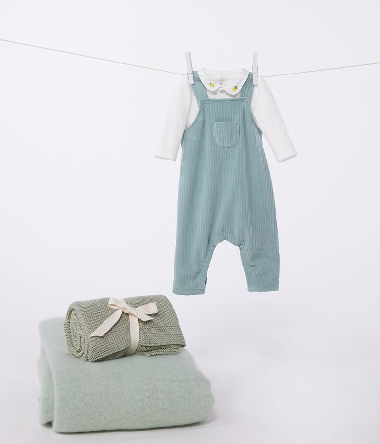 Ensemble naissance salopette et body brod&eacute; en coton vert PAUL