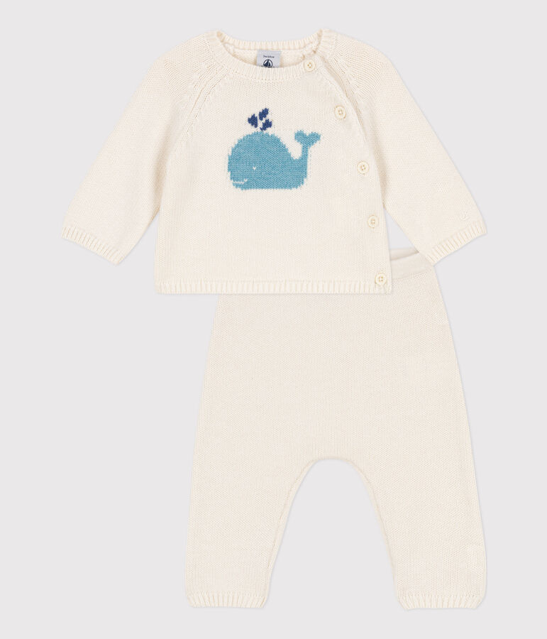 Ensemble en tricot laine et coton b&eacute;b&eacute; blanc MARSHMALLOW