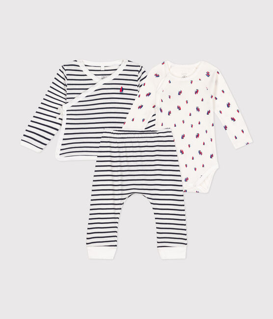 Ensemble 3 pièces en coton bébé blanc MARSHMALLOW/bleu SMOKING