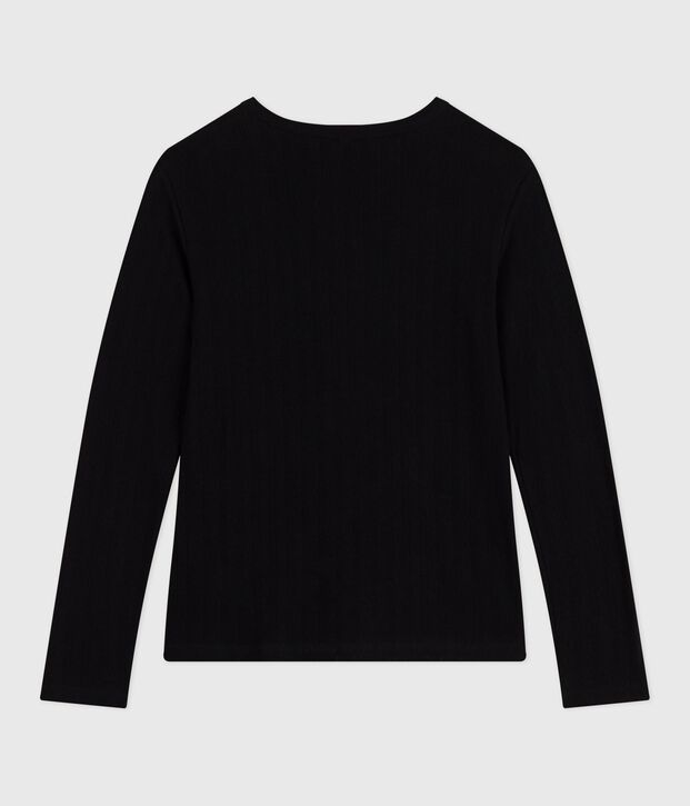 Tee-shirt femme l'iconique en coton ajour&eacute; manches longues noir