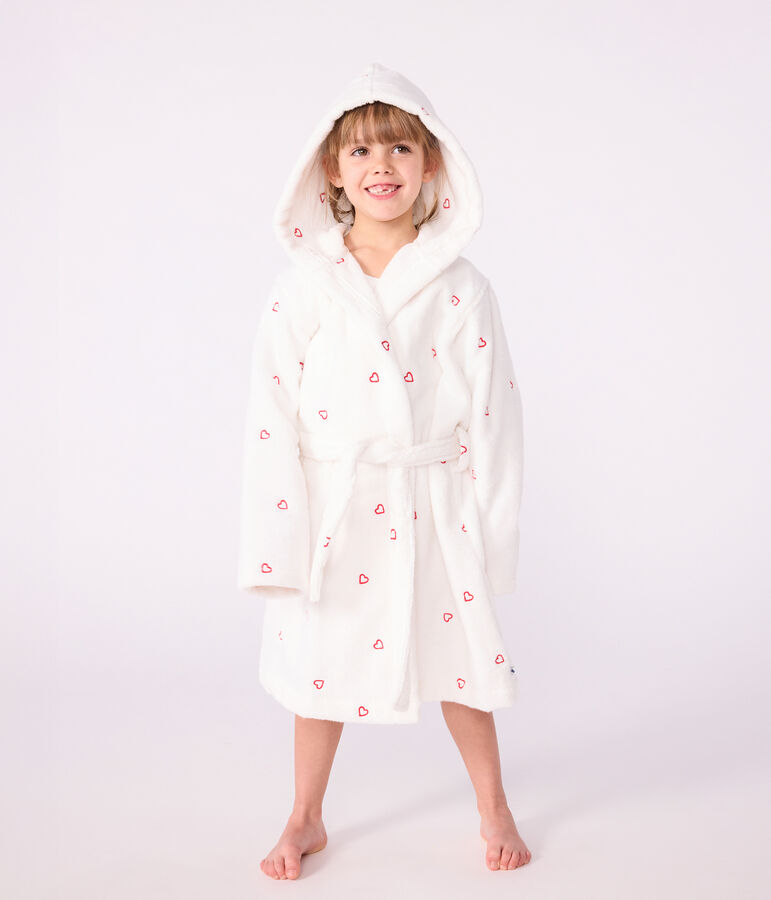 Peignoir enfant en coton &eacute;ponge c&oelig;urs brod&eacute;s blanc MARSHMALLOW/rouge TERKUIT