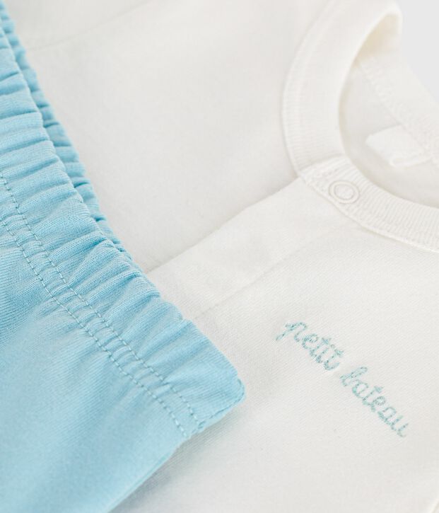 Ensemble naissance deux pi&egrave;ces en coton avec bas uni bleu/bleu