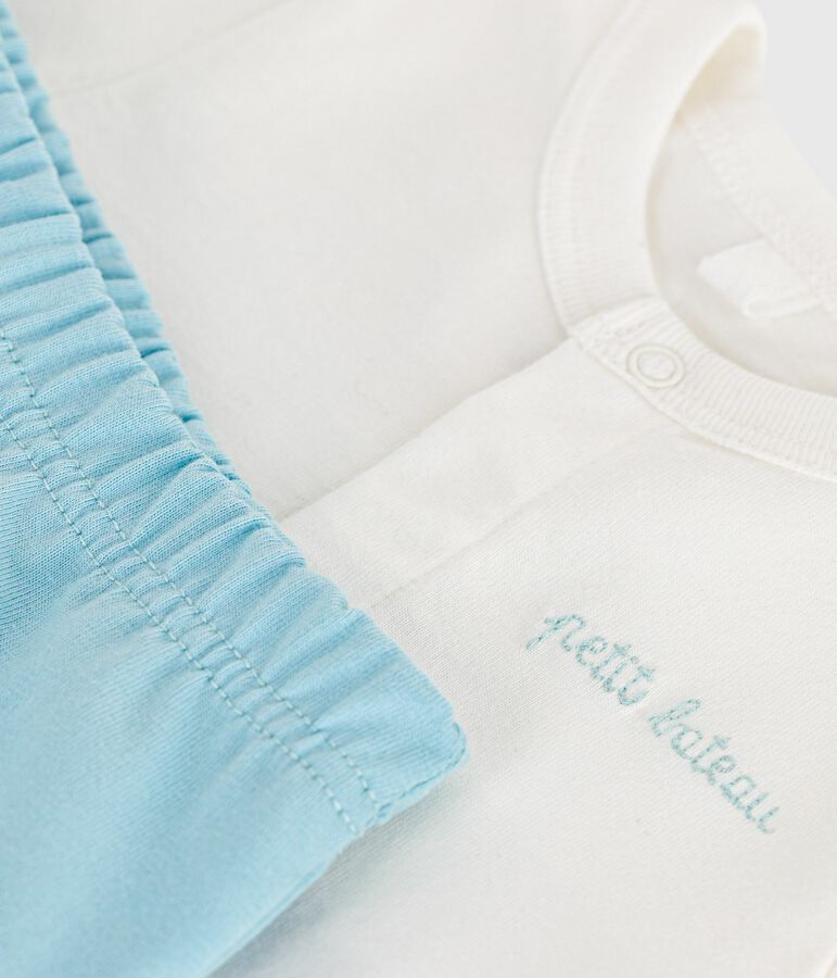 Ensemble naissance deux pi&egrave;ces en coton avec bas uni bleu MARSHMALLOW/ AQUATIC