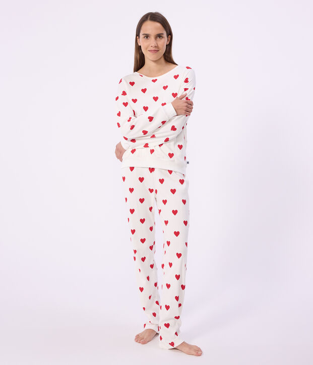 Pyjama femme en coton imprim&eacute; c&oelig;urs blanc/rouge
