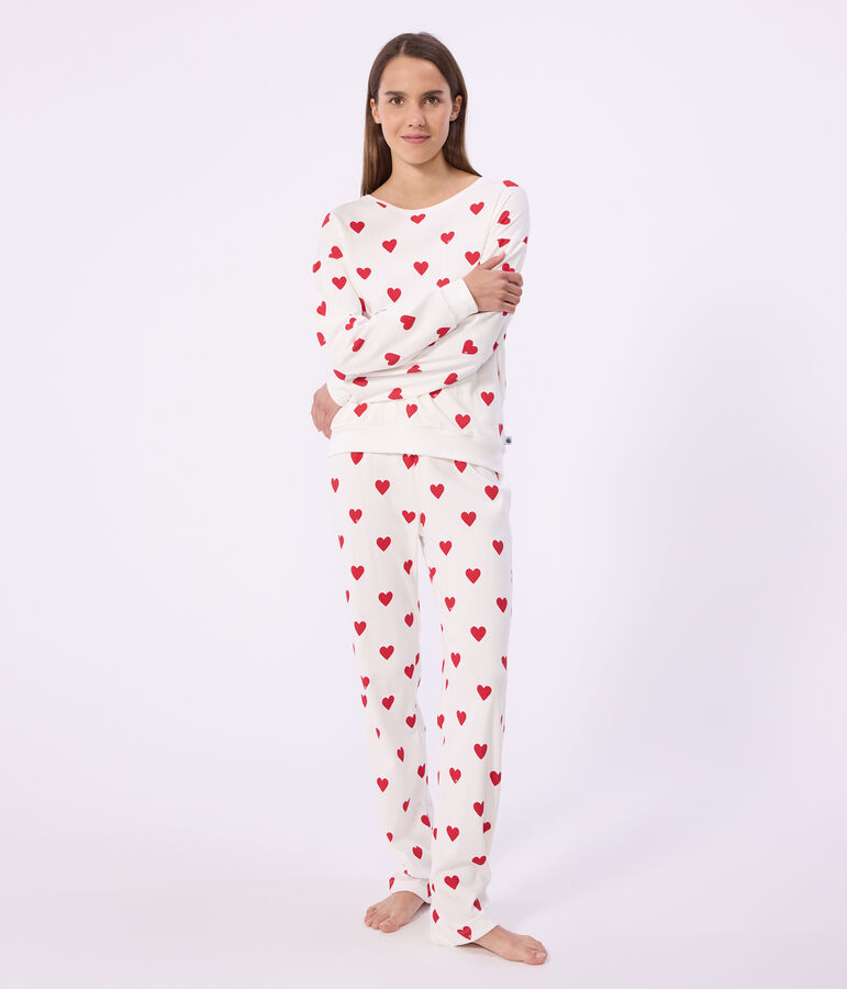 Pyjama femme en coton imprim&eacute; c&oelig;urs blanc MARSHMALLOW/rouge TERKUIT