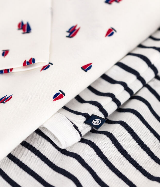 Ensemble 3 pi&egrave;ces en coton b&eacute;b&eacute; blanc/bleu