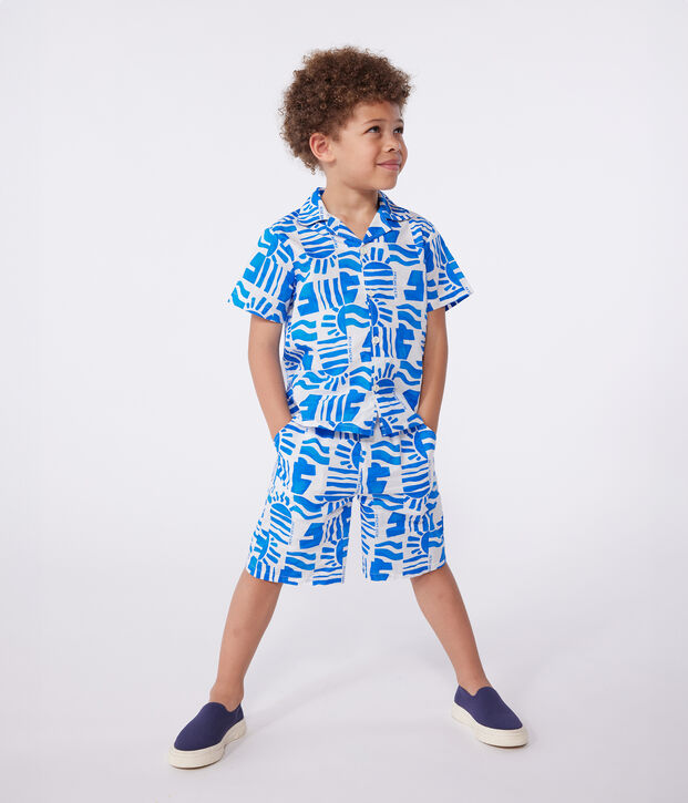 Chemise enfant en coton manches courtes imprim&eacute;e bleu/bleu