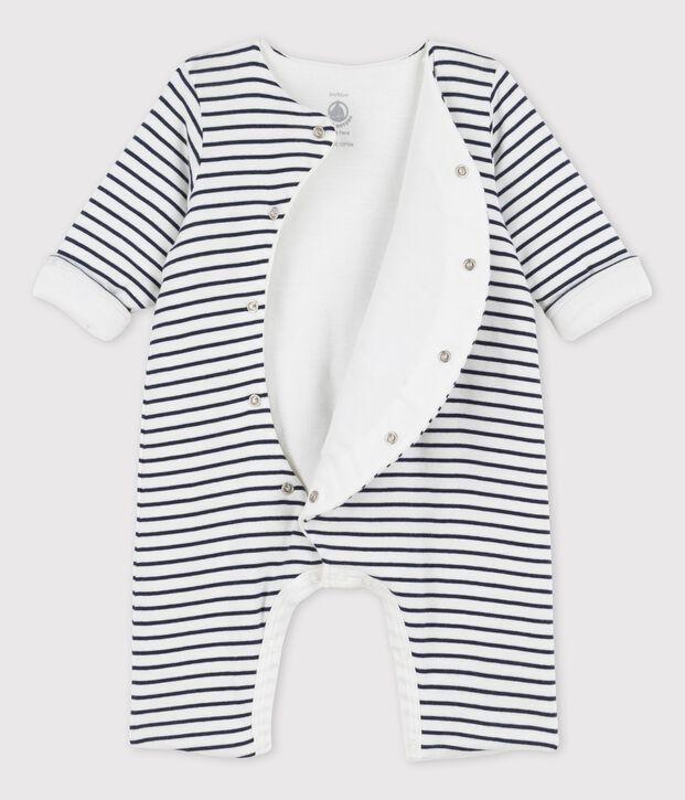 Combinaison longue ray&eacute;e marini&egrave;re en coton bio b&eacute;b&eacute; blanc/bleu