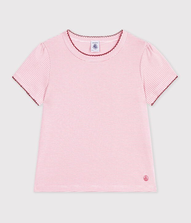 Tee-shirt enfant manches courtes &agrave; rayures rose/blanc