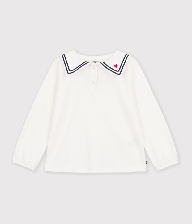 Blouse enfant en coton &agrave; col manches longues unie blanc