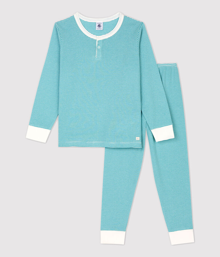 Pyjama ray&eacute; en coton et lyocell enfant bleu MIROIR/blanc MARSHMALLOW