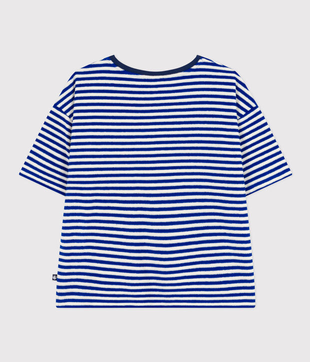 Tee-shirt le Boxy en coton &eacute;ponge ray&eacute; femme bleu/&eacute;cru