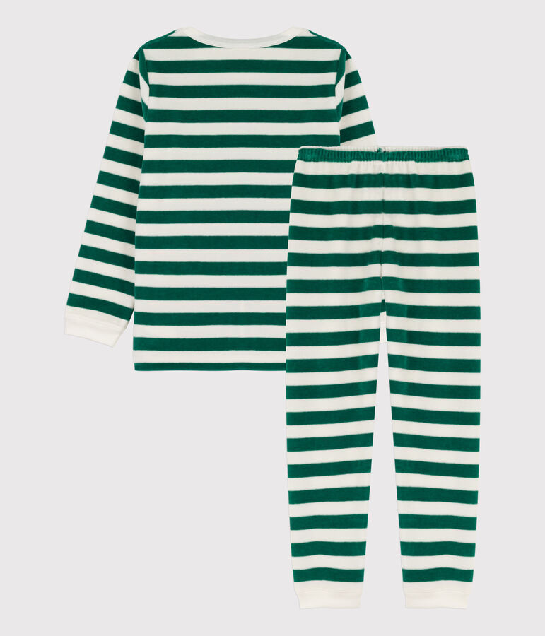 Pyjama  ray&eacute; en velours enfant vert/blanc