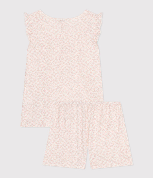 Pyjama short imprim&eacute; fleur en coton enfant blanc/rose