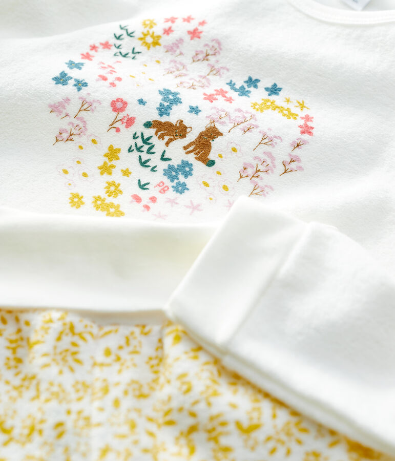 Pyjama fleuri petite fille en bouclette &eacute;ponge gratt&eacute;e jaune OCRE/blanc MARSHMALLOW