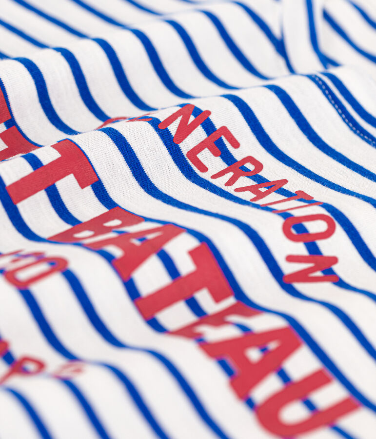 Tee-shirt LE DROIT 130 ans col rond en coton Femme blanc MARSHMALLOW/bleu PERSE