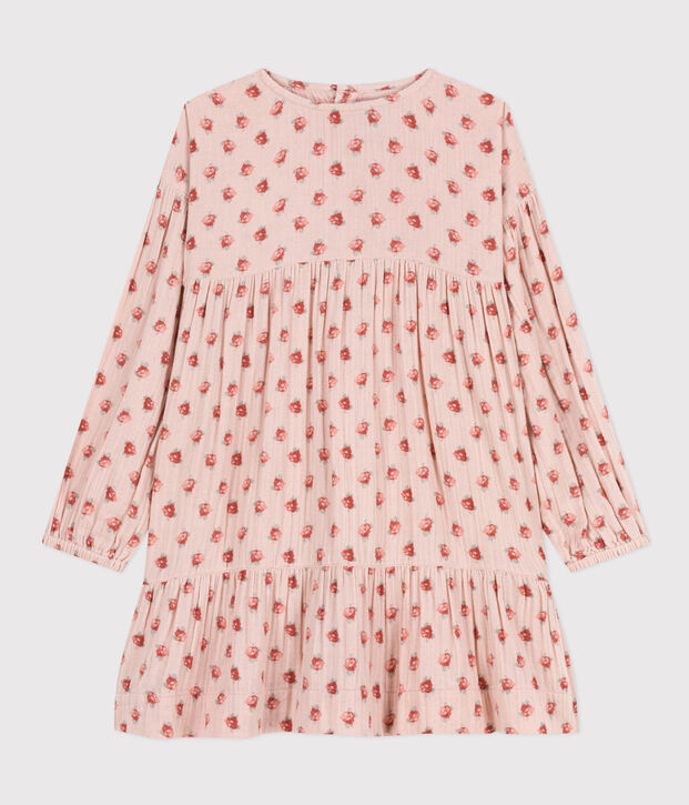 Robe manches longues en gaze de coton fleurie enfant fille rose/multicouleur