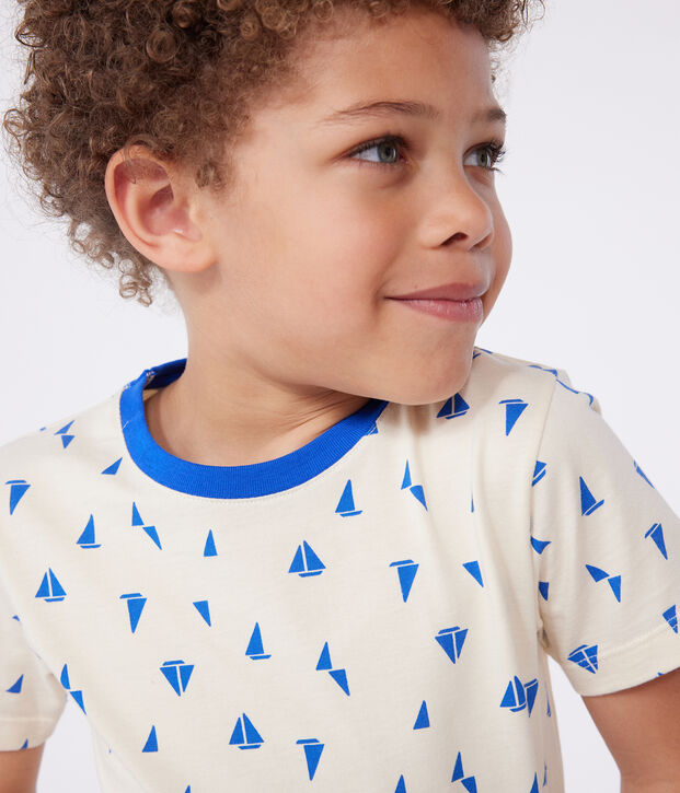 Teeshirt enfant en coton manches courtes imprim&eacute; &eacute;cru/bleu