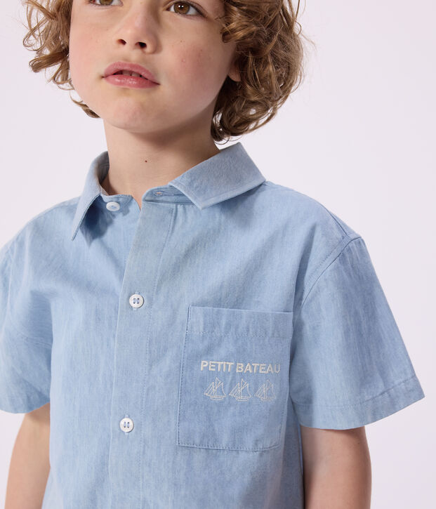 Chemise enfant en coton &agrave; manches courtes bleu