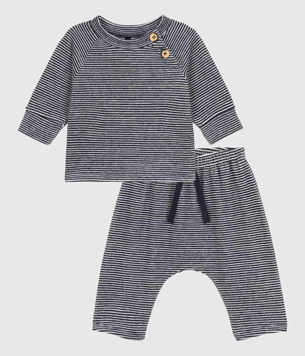 Ensemble 2 pi&egrave;ces b&eacute;b&eacute; en velours en coton bleu/blanc