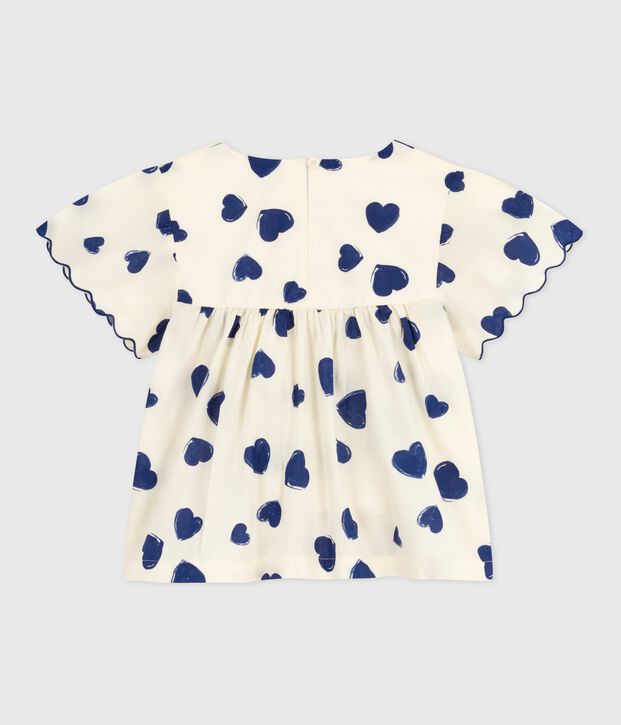 Blouse enfant en popeline de coton manches courtes imprim&eacute;e bleu/bleu