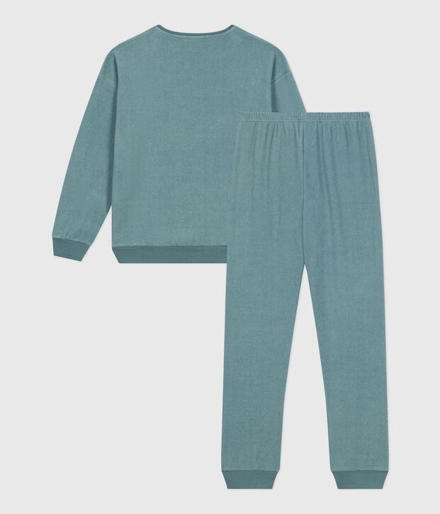 Pyjama femme en coton &eacute;ponge uni bleu