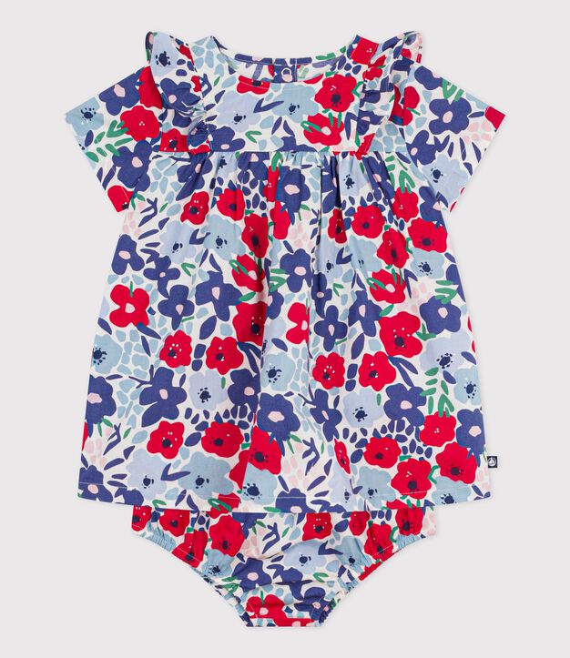 Robe b&eacute;b&eacute; en coton manches courtes et son bloomer imprim&eacute;s fleurs blanc/multicouleur