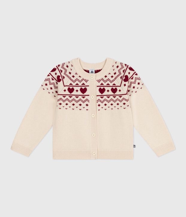 Cardigan enfant en laine et coton &agrave; motif jacquard &eacute;cru/rouge