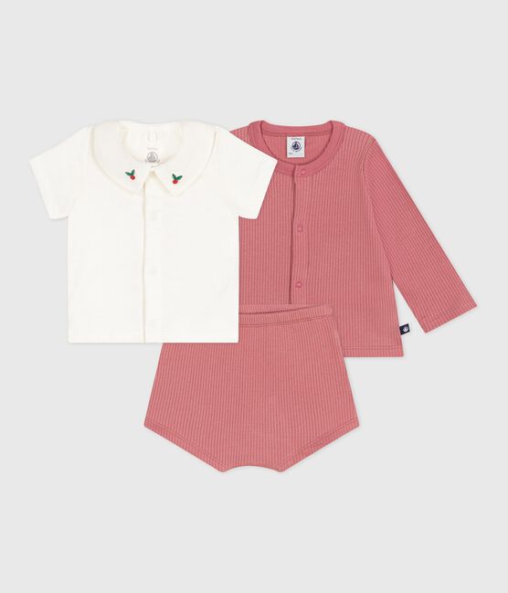 Ensemble naissance trois pièces en coton et t-shirt à col brodé rose ROSEWOOD/ MULTICO