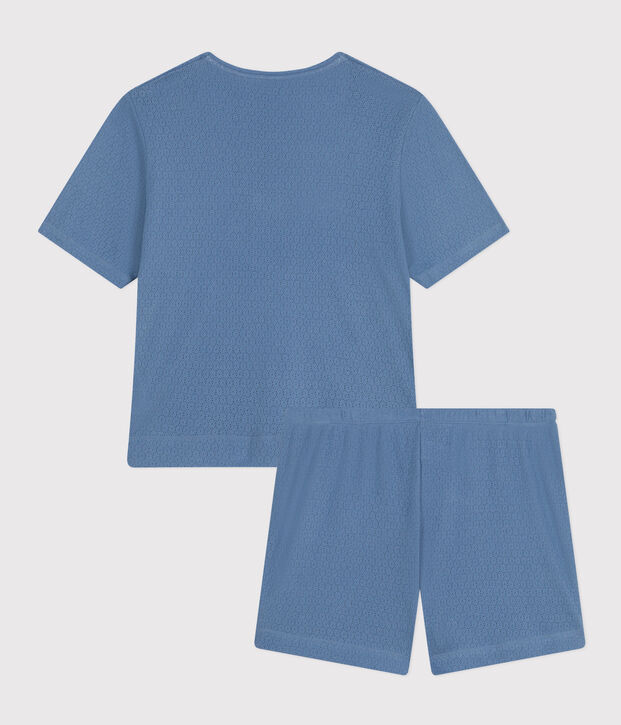 Pyjama short et tee-shirt uni en coton ajour&eacute; femme bleu