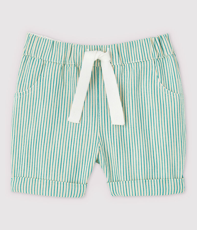Short ray&eacute; en serge craquante b&eacute;b&eacute; gar&ccedil;on blanc MARSHMALLOW/vert GAZON