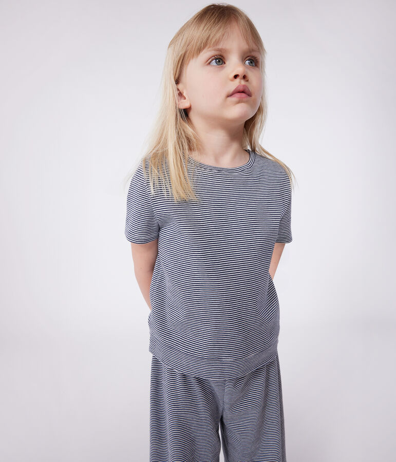 Pyjama enfant en coton manches courtes et jambes amples &agrave; rayures bleu SMOKING/blanc MARSHMALLOW
