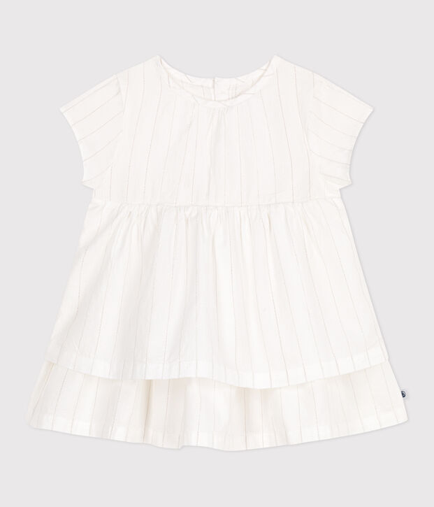 Robe c&eacute;r&eacute;monie b&eacute;b&eacute; en coton l&eacute;ger, manches courtes blanc/gris