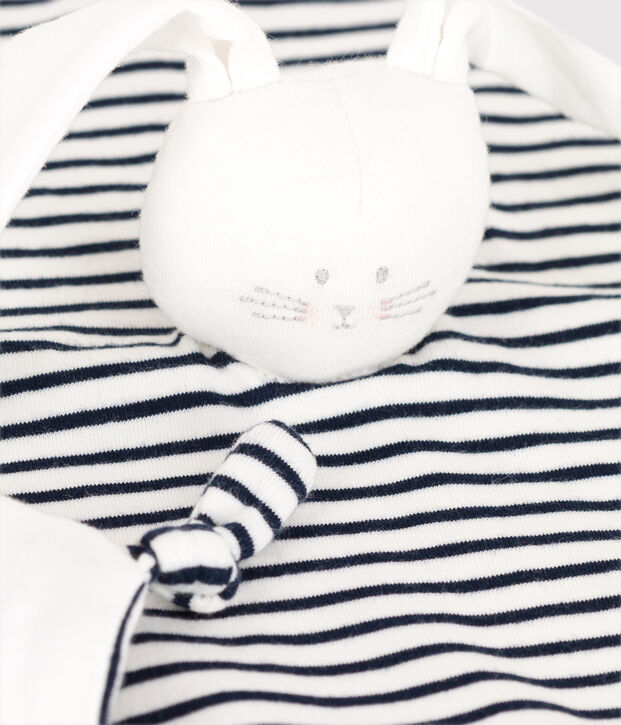 Doudou lapin marini&egrave;re b&eacute;b&eacute; en coton biologique blanc/bleu