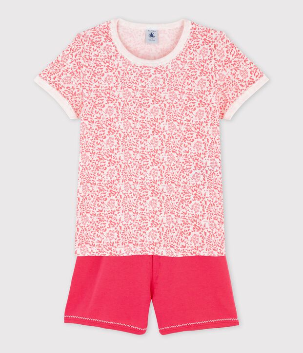 Pyjacourt imprim&eacute; fleuri rose petite fille en coton blanc/rose