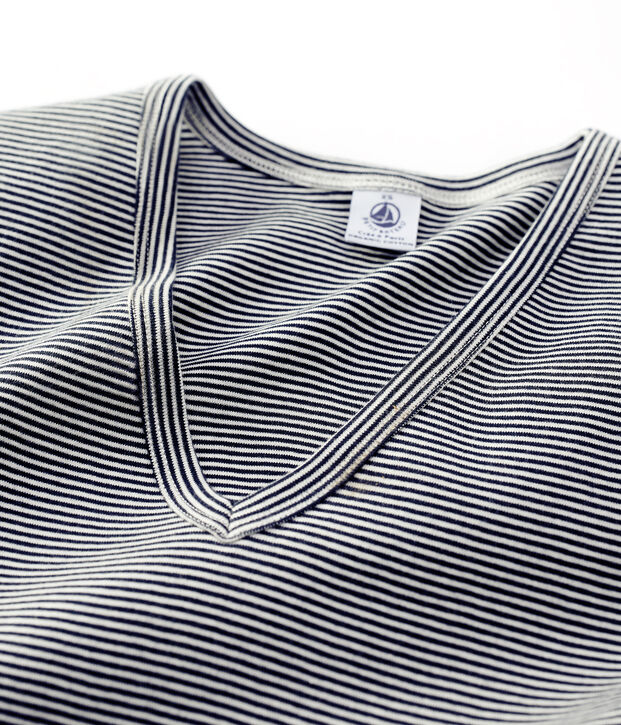 Tee-shirt L'ICONIQUE col V en coton bio Femme bleu/blanc