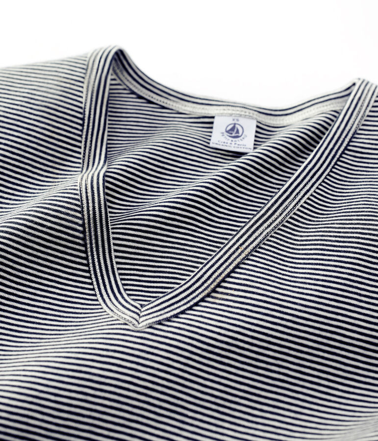 Tee-shirt L'ICONIQUE col V en coton Femme bleu SMOKING/blanc MARSHMALLOW