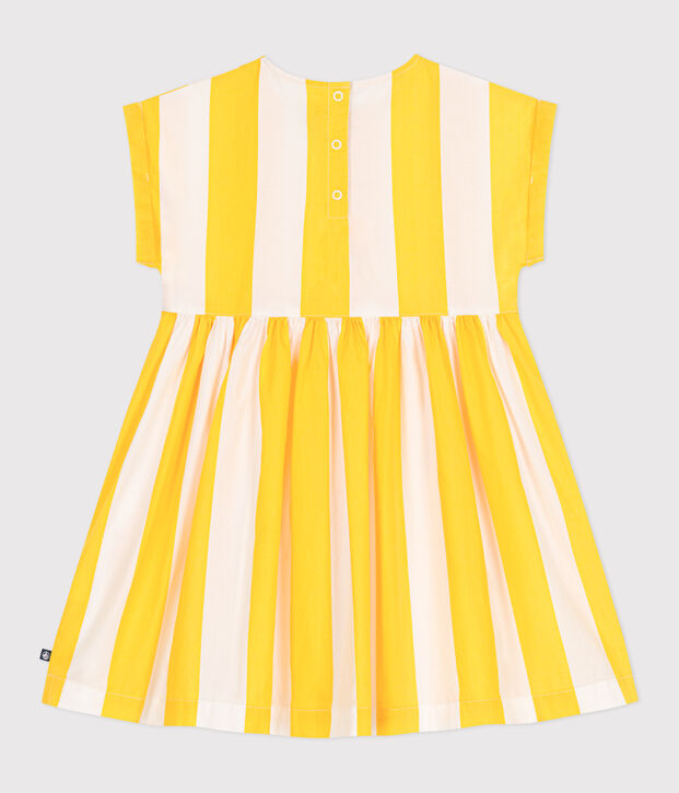 Robe enfant en coton manches courtes &agrave; rayures blanc/jaune