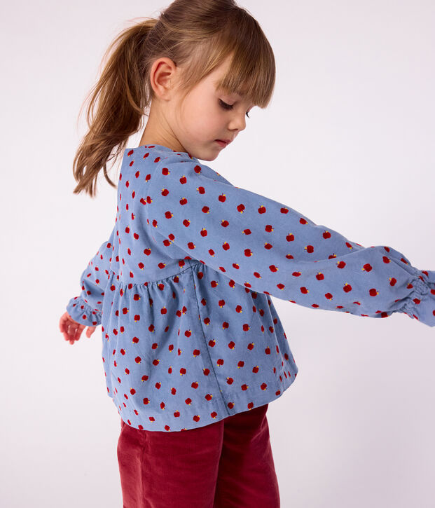 Blouse enfant en velours manches longues imprim&eacute;e bleu/multicouleur