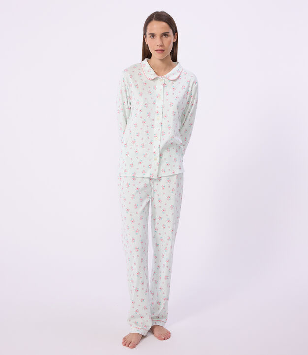 Pyjama boutonn&eacute; femme en coton imprim&eacute; blanc/multicouleur