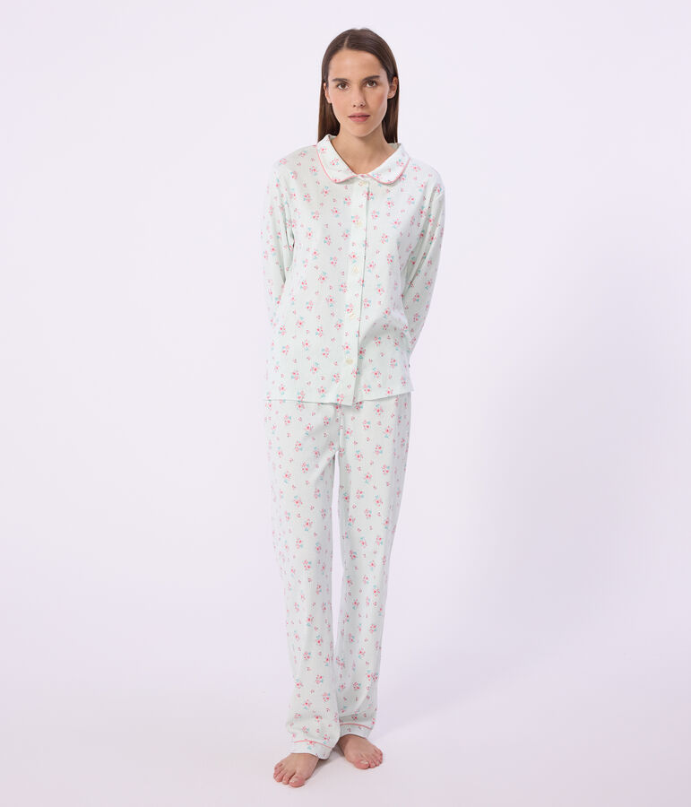 Pyjama boutonn&eacute; femme en coton imprim&eacute; blanc MARSHMALLOW/blanc MULTICO