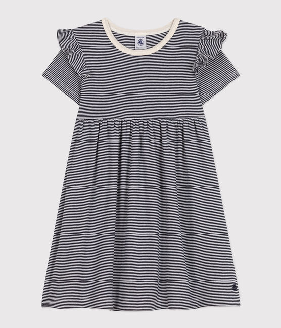 Robe rayée manches courtes en coton enfant fille bleu SMOKING/blanc MARSHMALLOW