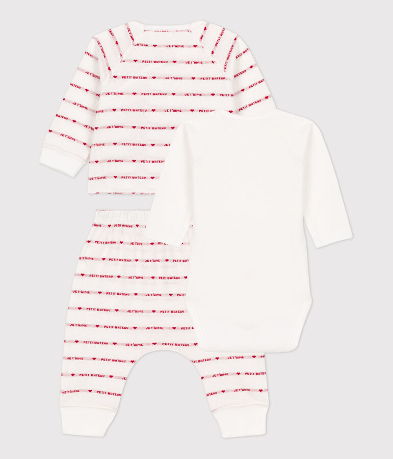 Ensemble 3 pi&egrave;ces jacquard en coton bio b&eacute;b&eacute; blanc MARSHMALLOW/rouge TERKUIT