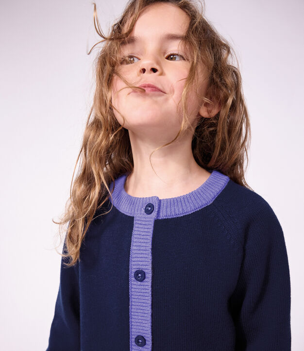 Cardigan enfant en laine et coton uni bleu marine